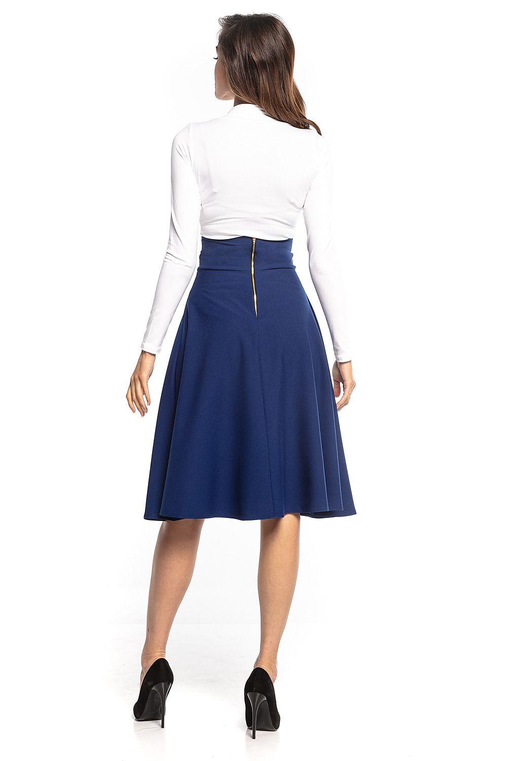 Navy blue A-line midi skirt, back view with center back zipper