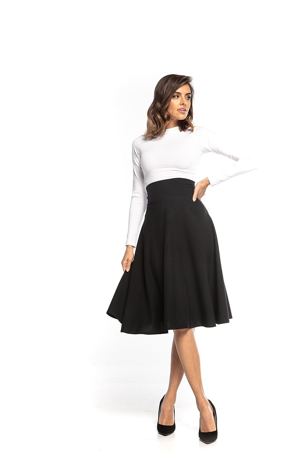 High-waist black midi skirt with decorative front zipper and A-line flare
