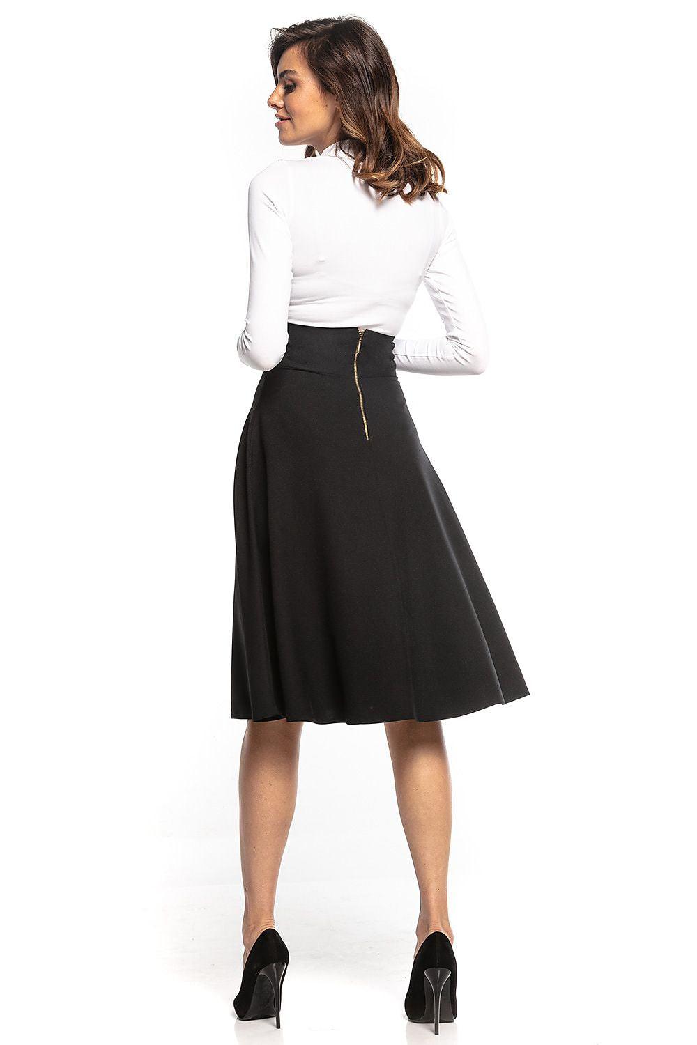 Black A-line midi skirt with front zipper detail