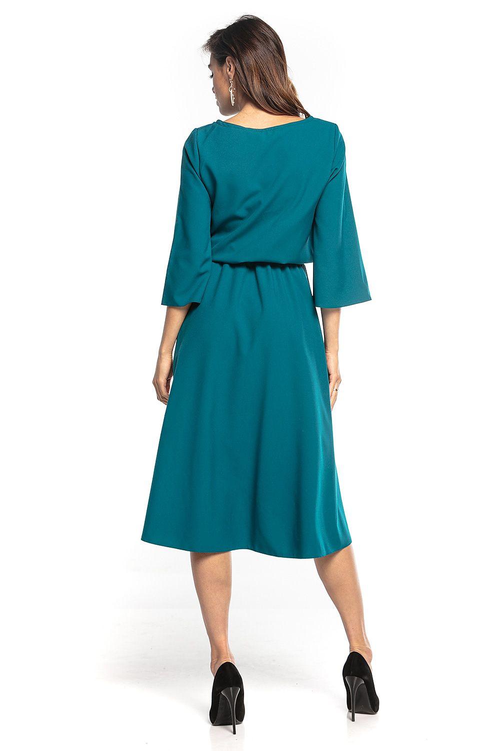 Teal daydress back view with tie waist, 3/4 sleeves, midi length