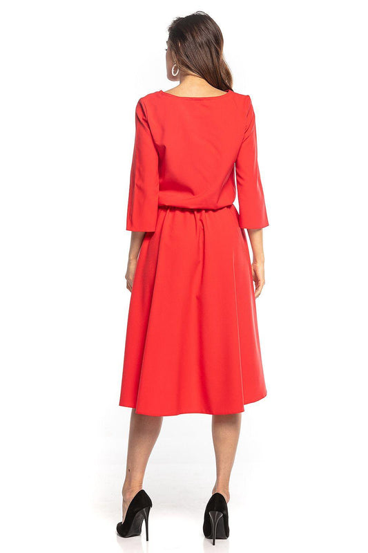 Red midi daydress with gathered waist and 3/4 sleeves, back view