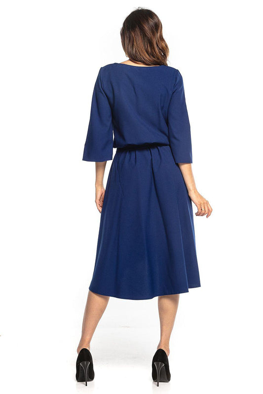 Navy blue daydress with three-quarter sleeves, gathered waist tie, back view