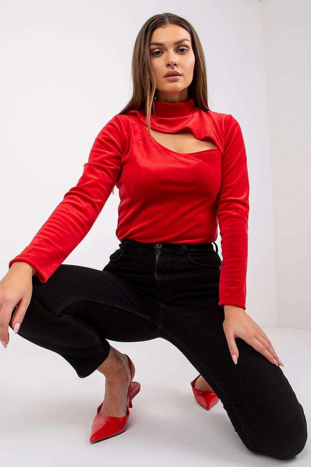 Red velour stand-collar blouse with chest cut-out