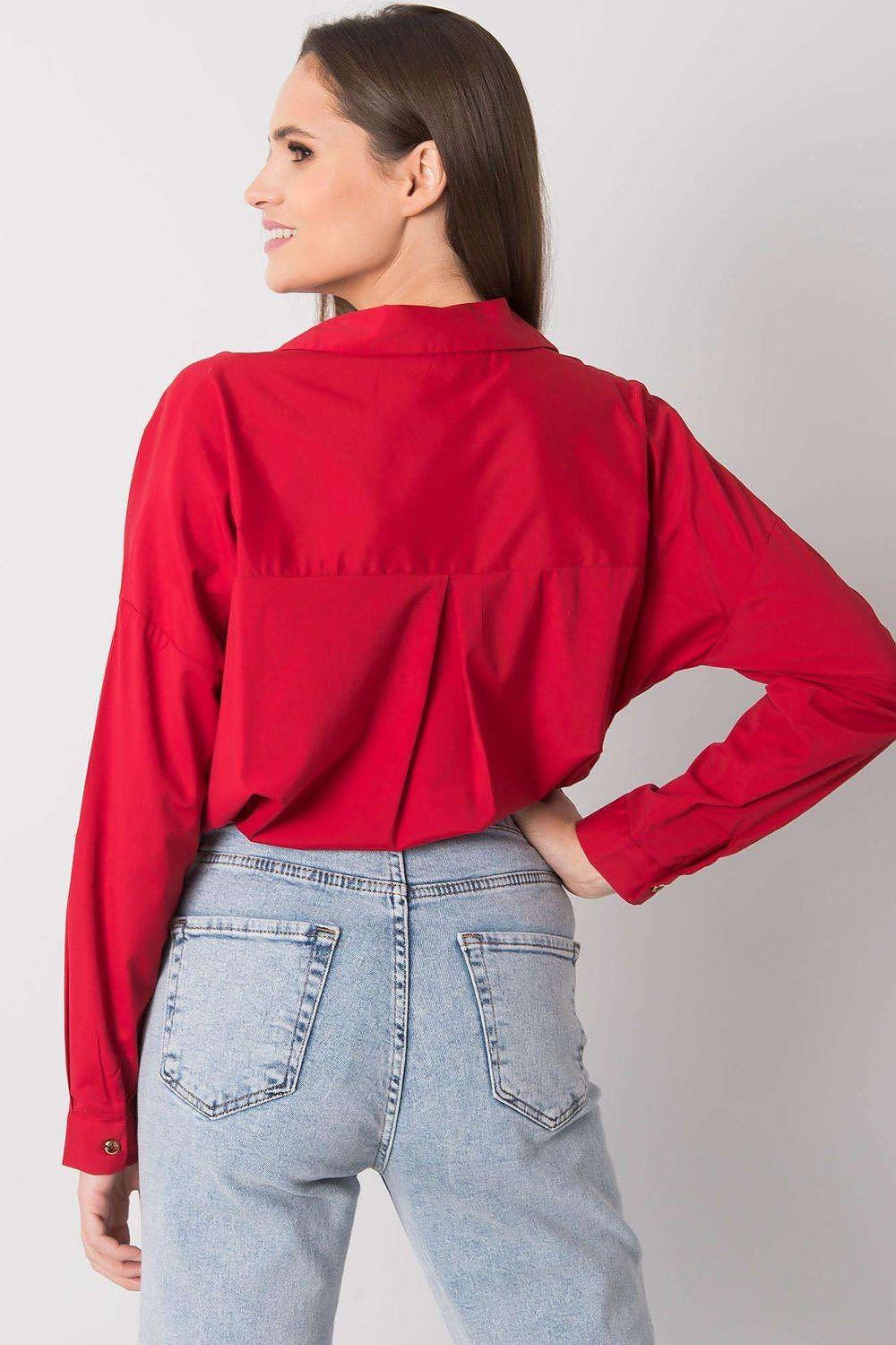 Long-sleeve shirt, red, back view with button-up placket