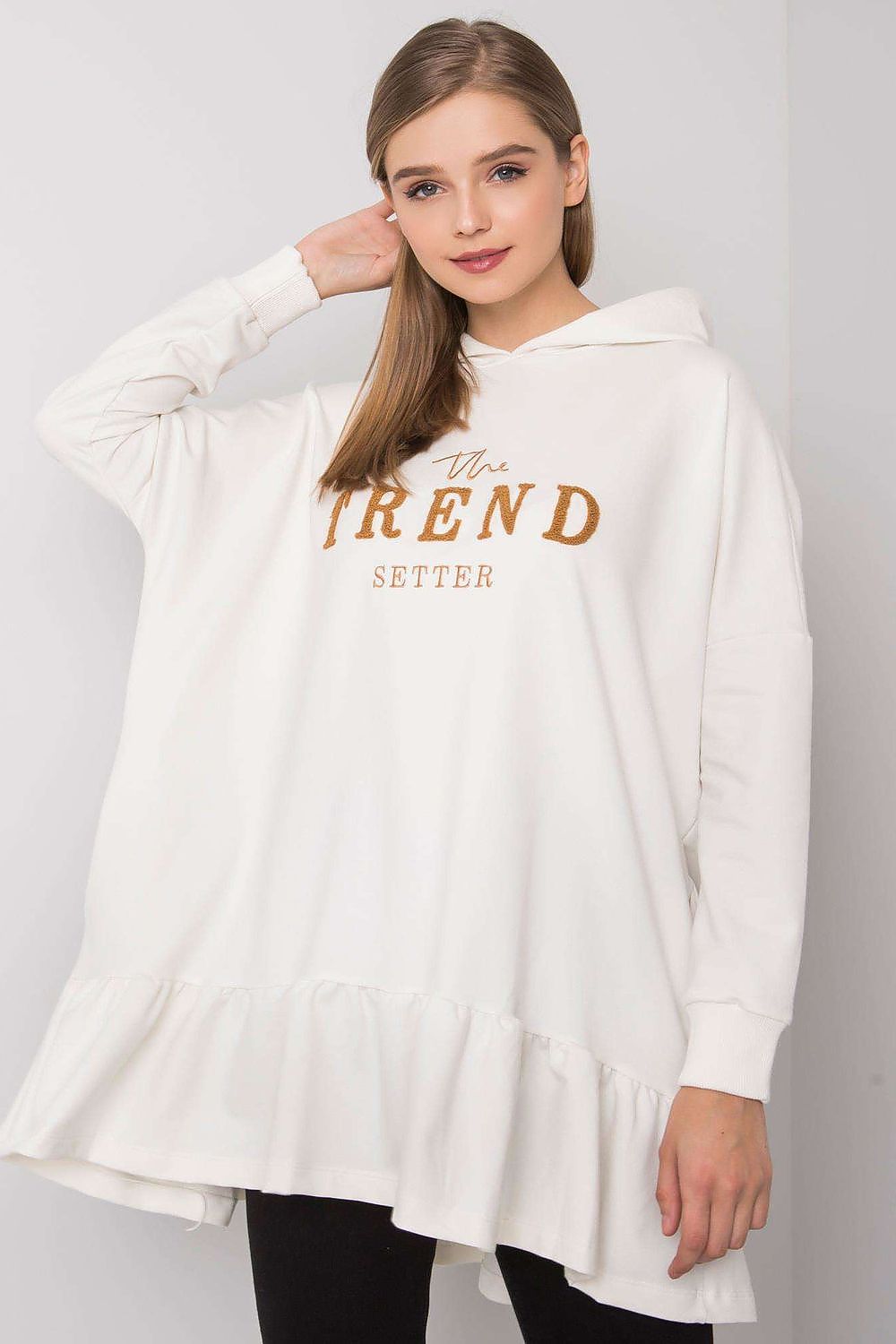 Beige sweatshirt tunic with hood and ruffled hem, long sleeves
