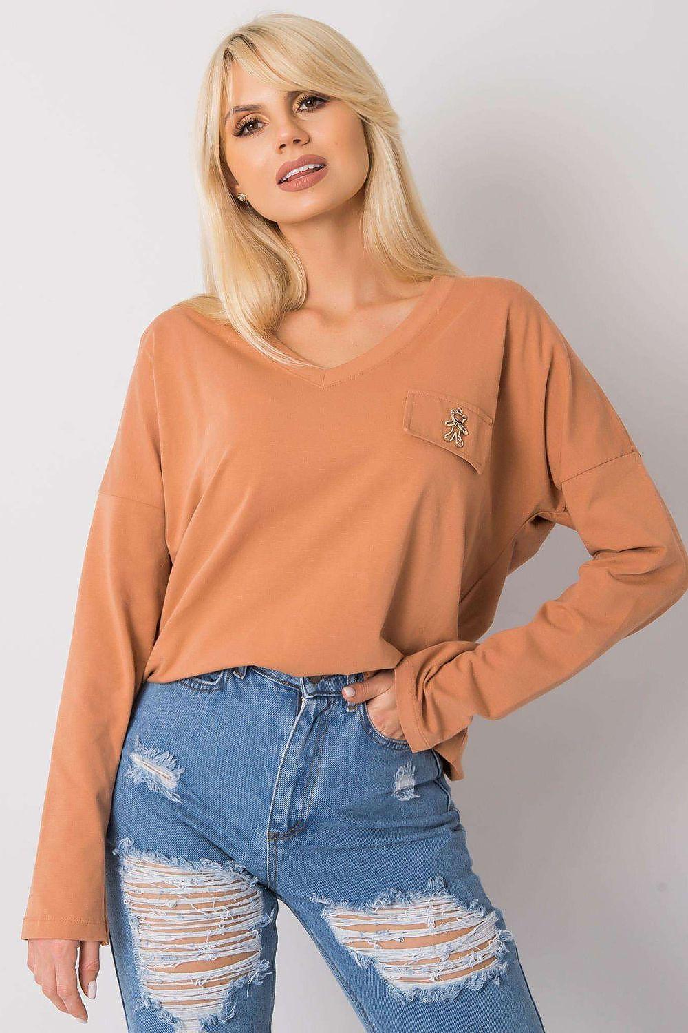 Brown cotton long-sleeve blouse with V-neck and chest pocket detail, straight cut