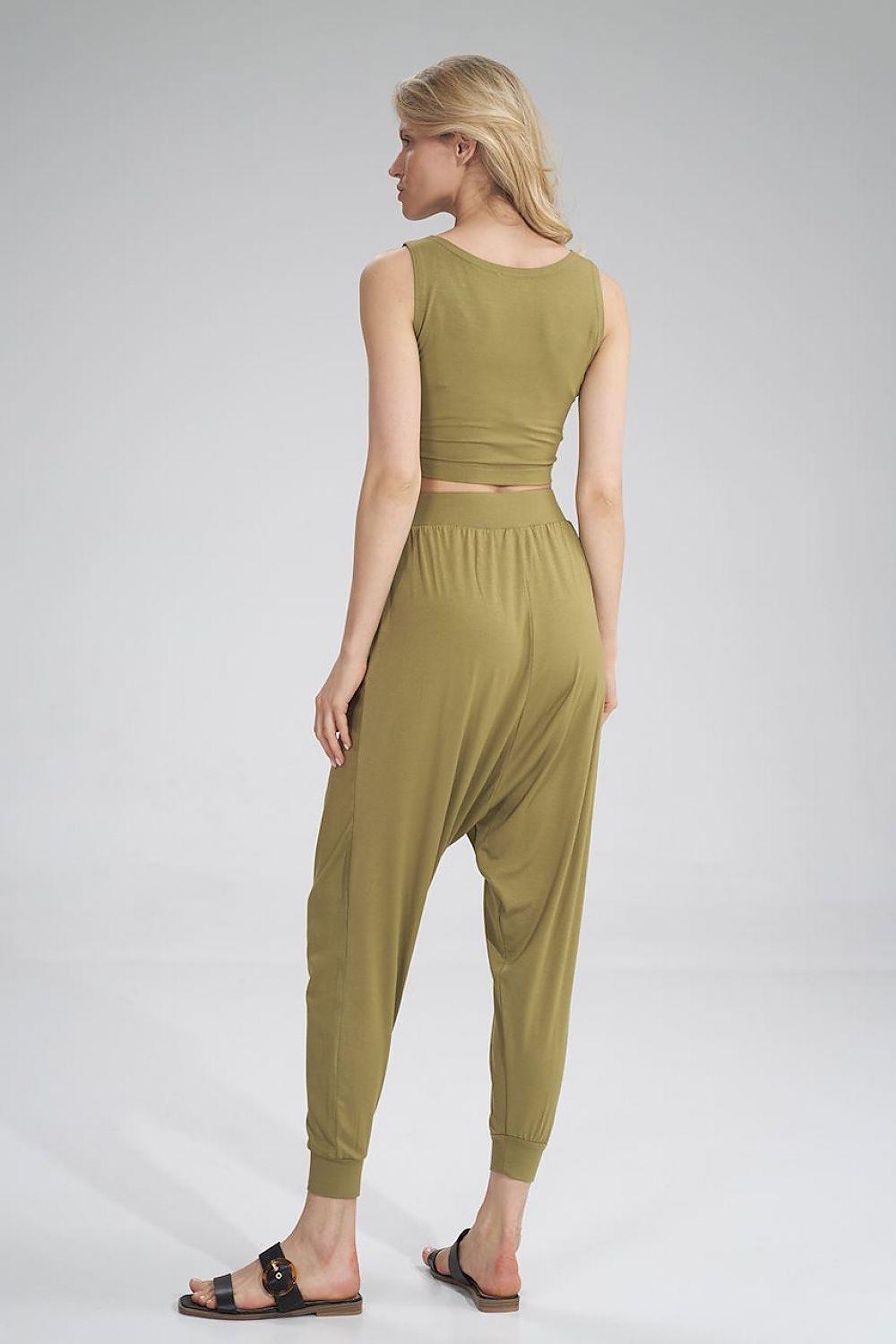 Olive sleeveless jumpsuit, back view, crop top and tapered jogger legs