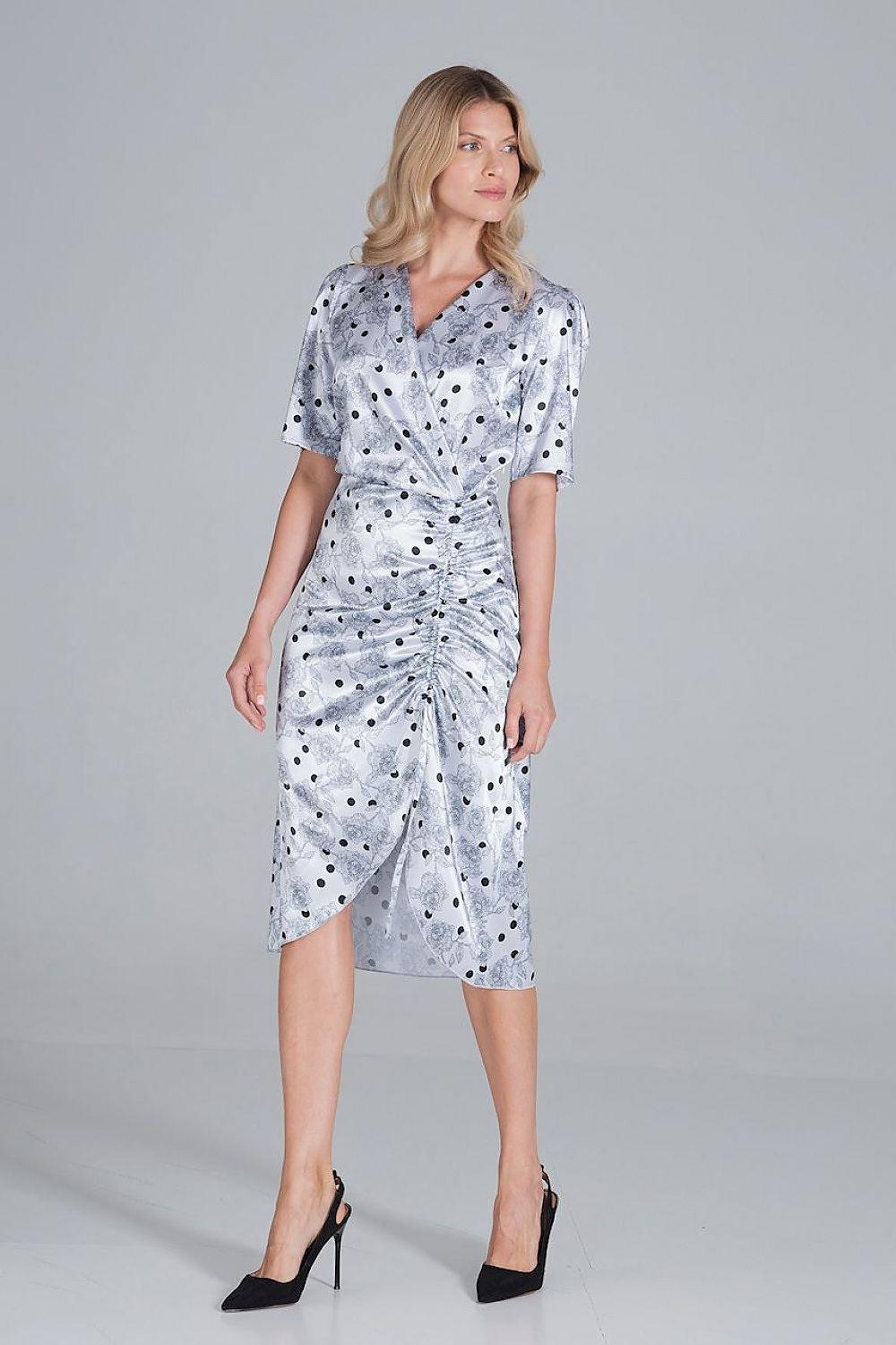 Grey speckle print cocktail dress, V-neck, short sleeves, gathered wrap front