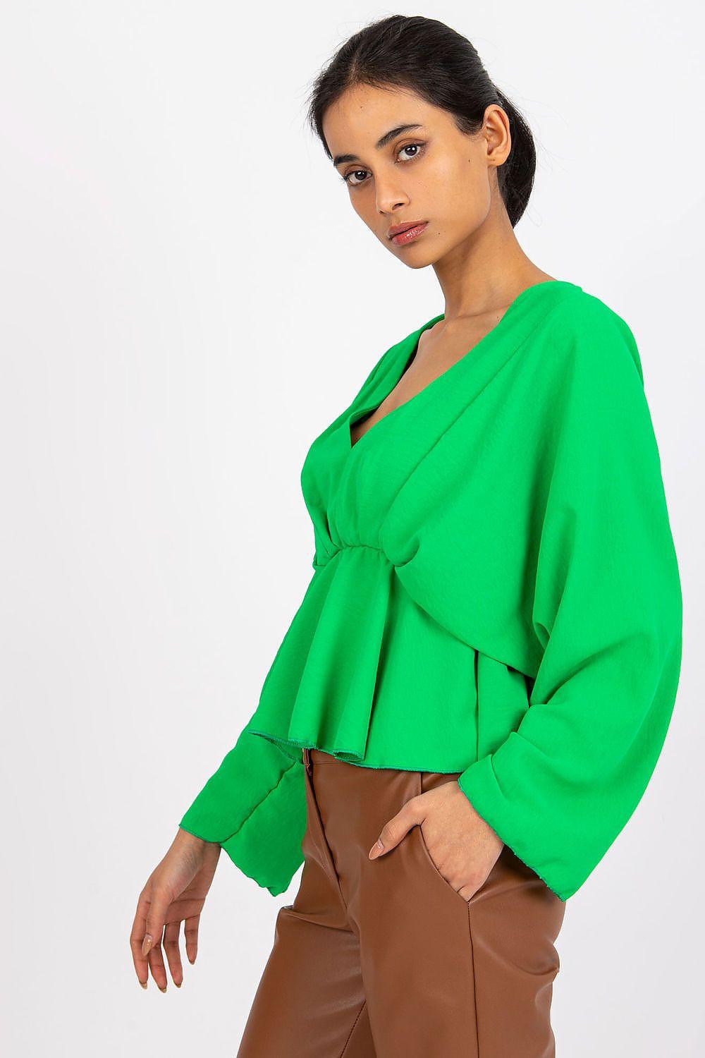Green blouse with V-neck, waist tie, and loose long sleeves with cuffs