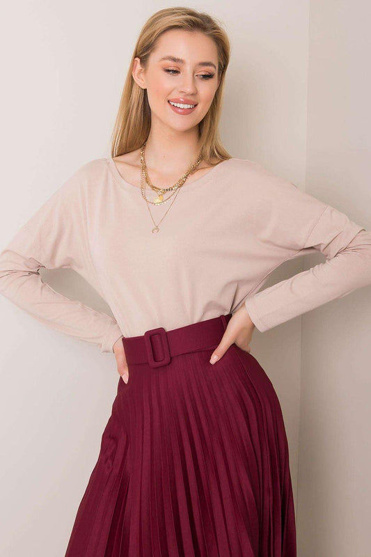 Beige long-sleeve cotton blouse with round neckline