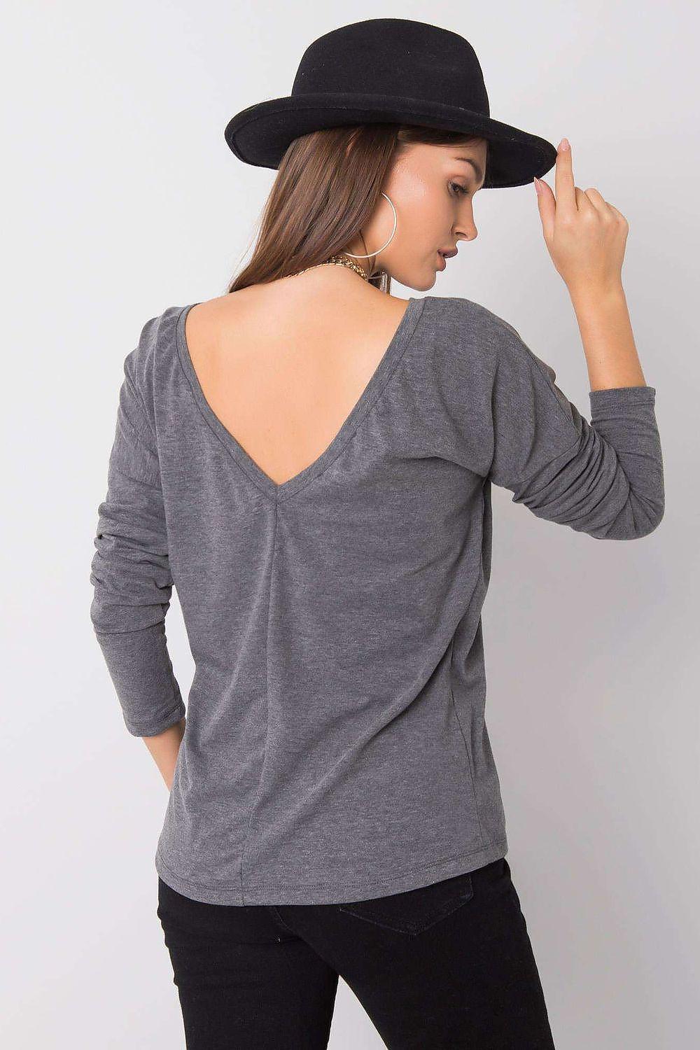 Grey long-sleeve blouse with V-back neckline and relaxed fit