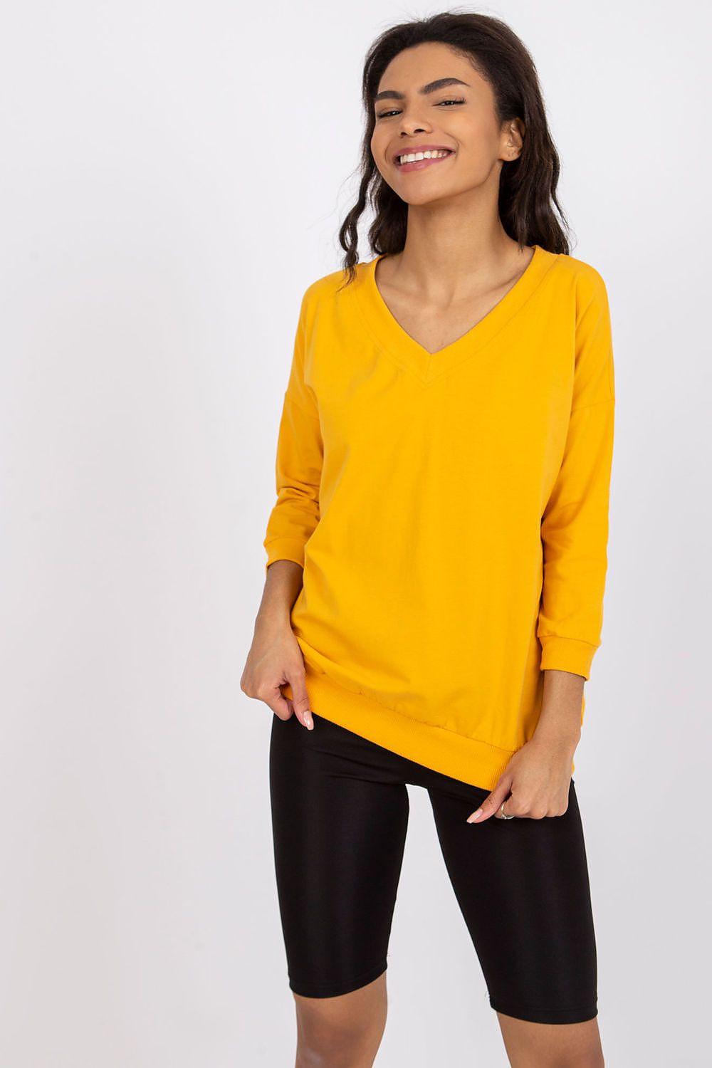 Orange 3/4 sleeve V-neck cotton blend blouse with relaxed fit