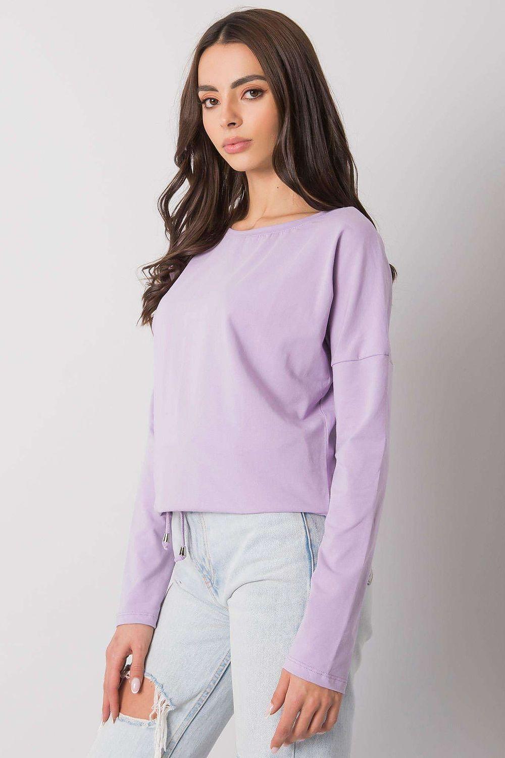 BFG blouse in lilac with long sleeves and tie-waist drawstring, crew neck