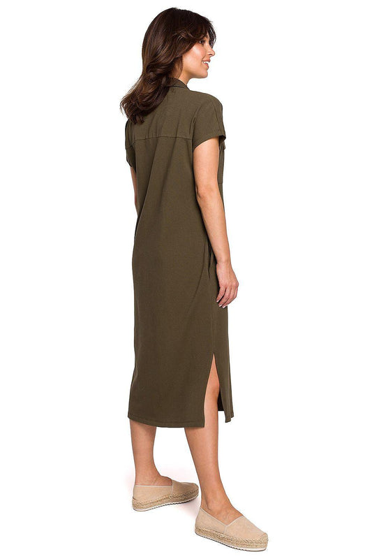 Olive green short-sleeve polo daydress with button front and side slit