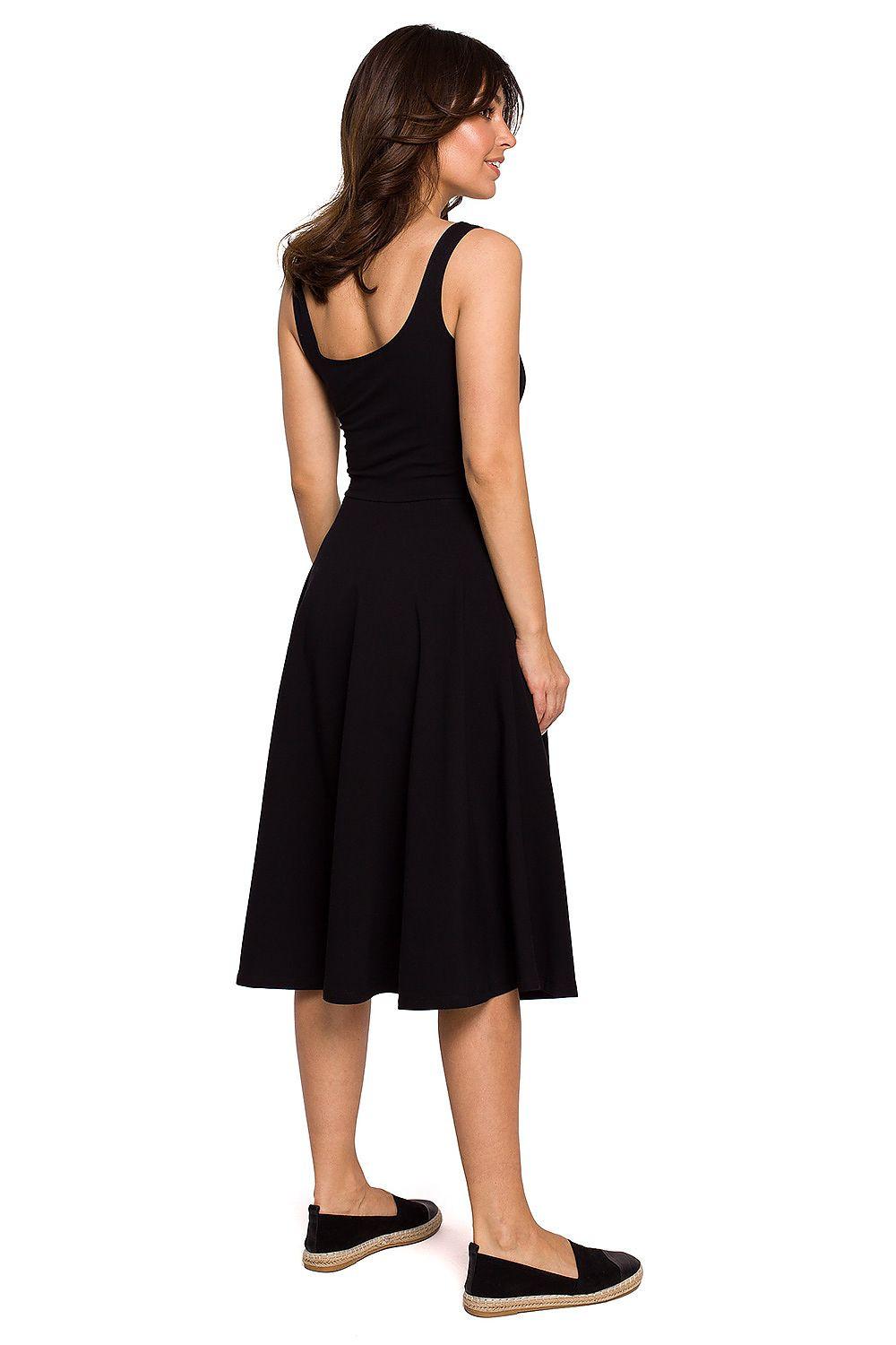 Black sleeveless midi daydress with open back and flared A-line skirt