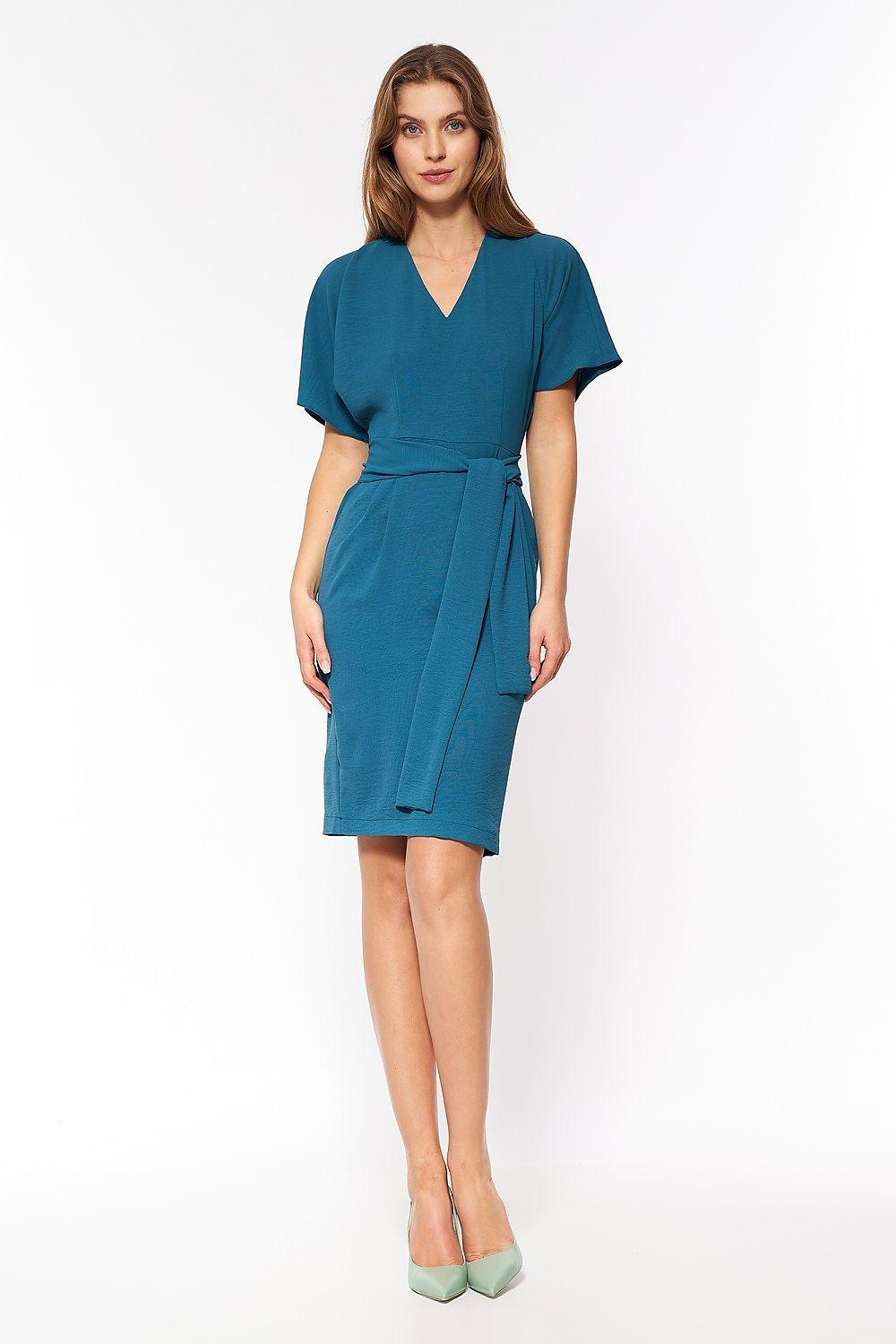 Teal V-neck day dress with short sleeves and wrap-style tied waist belt, front view