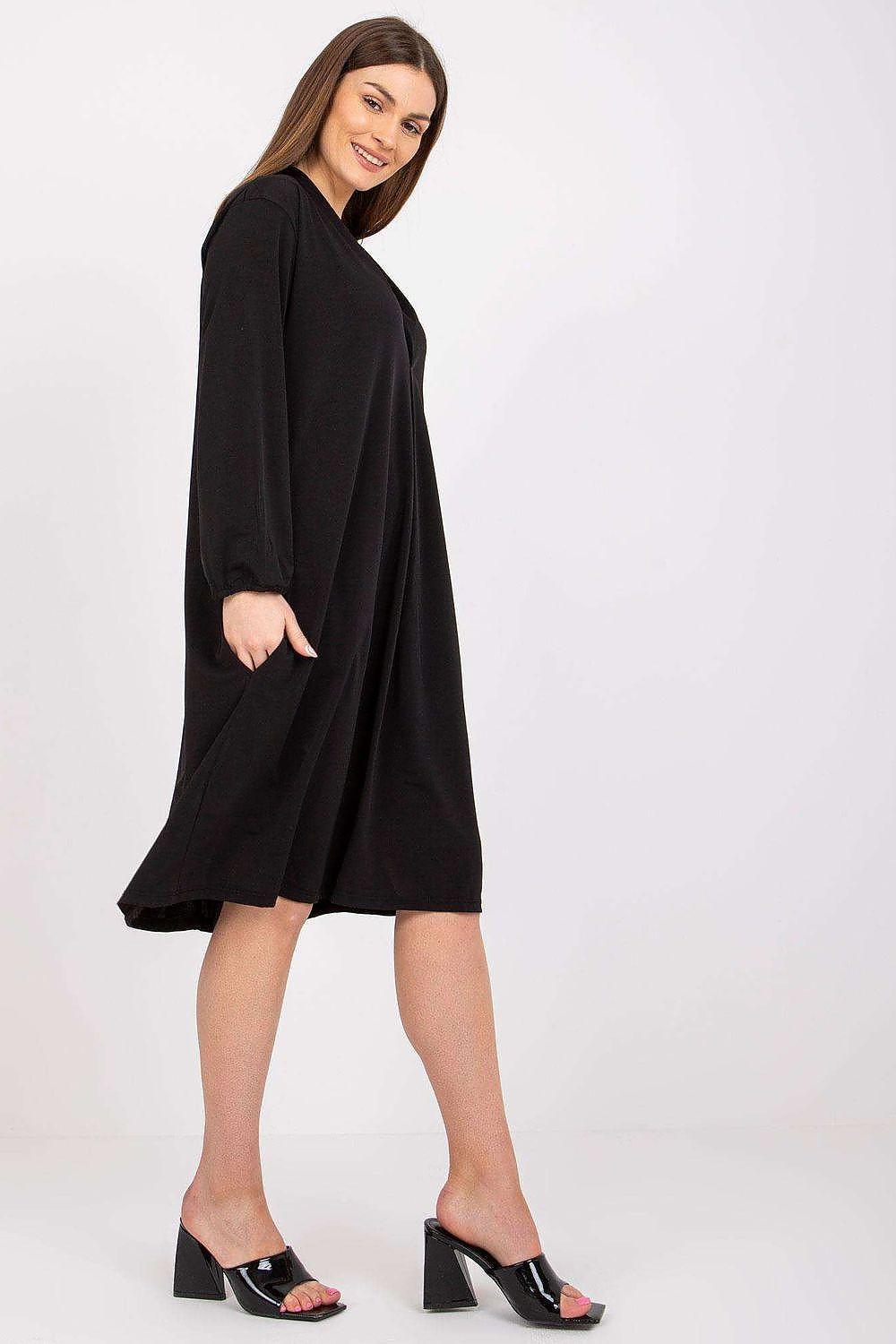 Ex Moda black daydress with V-neck, long sleeves, side pockets, A-line above knee
