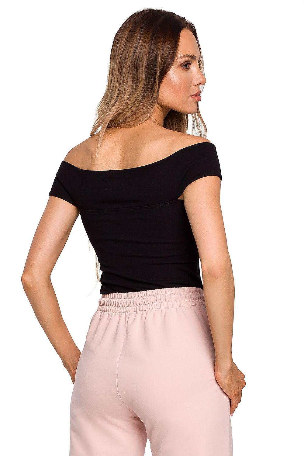 Moe off-shoulder blouse, black short sleeves with draped neckline, back/side view