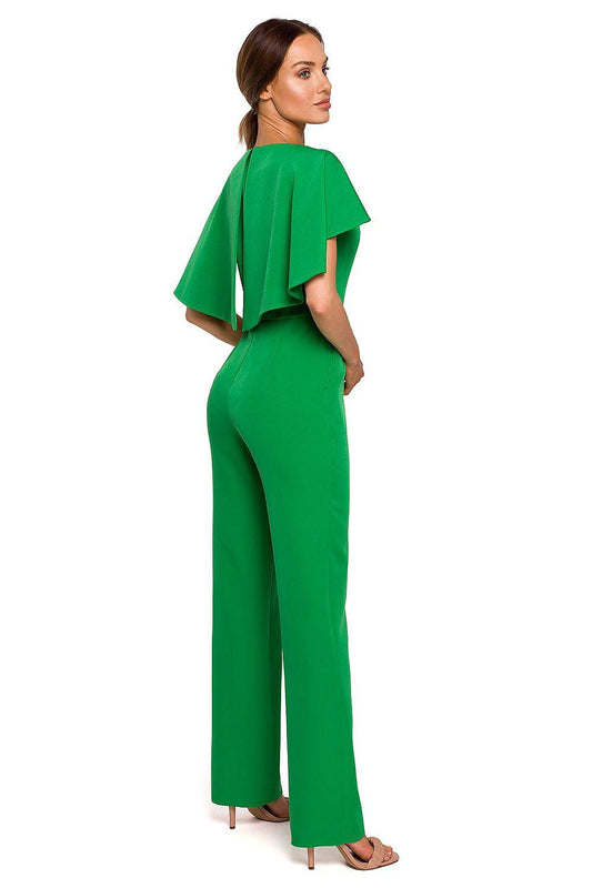 Green women’s jumpsuit, side view, flutter short sleeves and wide-leg pants
