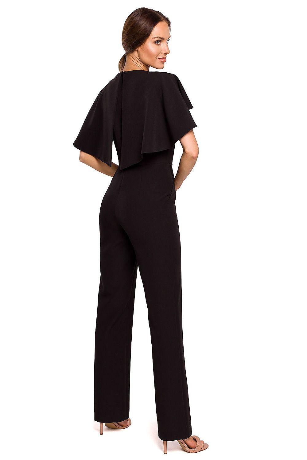 Black jumpsuit with short flutter sleeves and wide-leg trousers, back view
