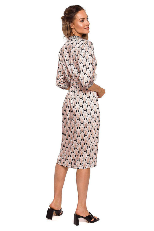 Printed daydress with belt, 3/4 sleeves and V-neck, side view, beige and pink oval pattern