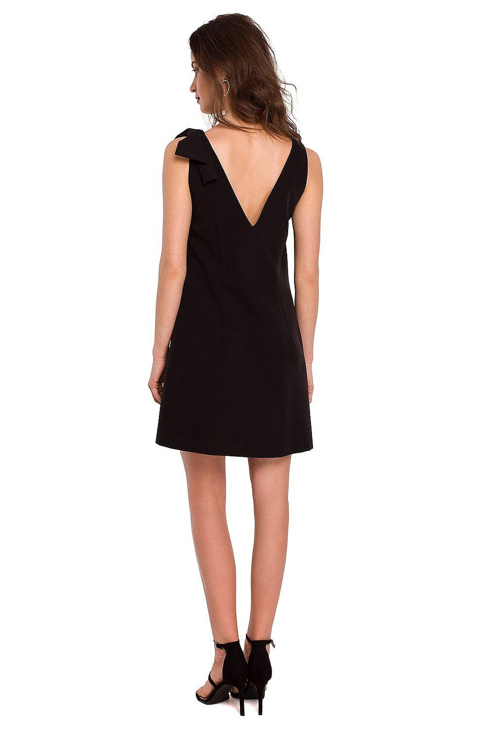 Black daydress back view with deep V neckline and bow-strap shoulders