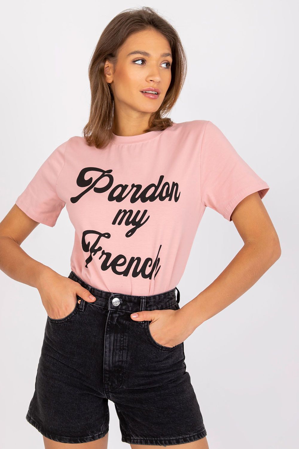 Pink ladies T-shirt with black Pardon my French script print