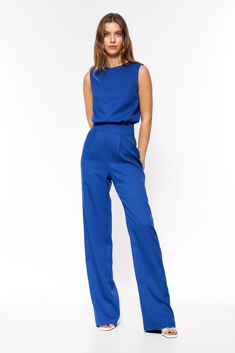 Nife elegant blue sleeveless jumpsuit, tailored waist with wide straight legs