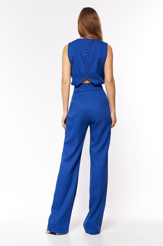 Back view of blue sleeveless top and high-waist wide-leg trousers set