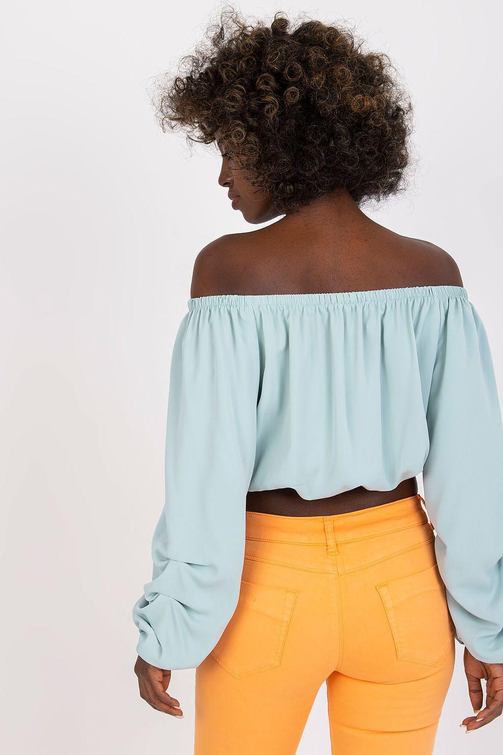 Light blue off-shoulder blouse with gathered elastic neckline and wide long sleeves