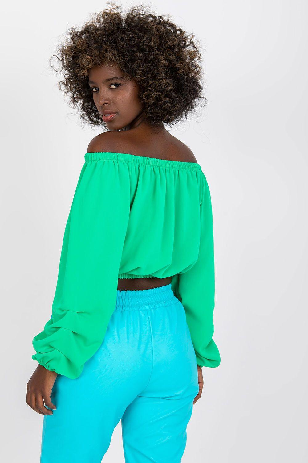 Green off-shoulder blouse with elastic neckline and long puff sleeves