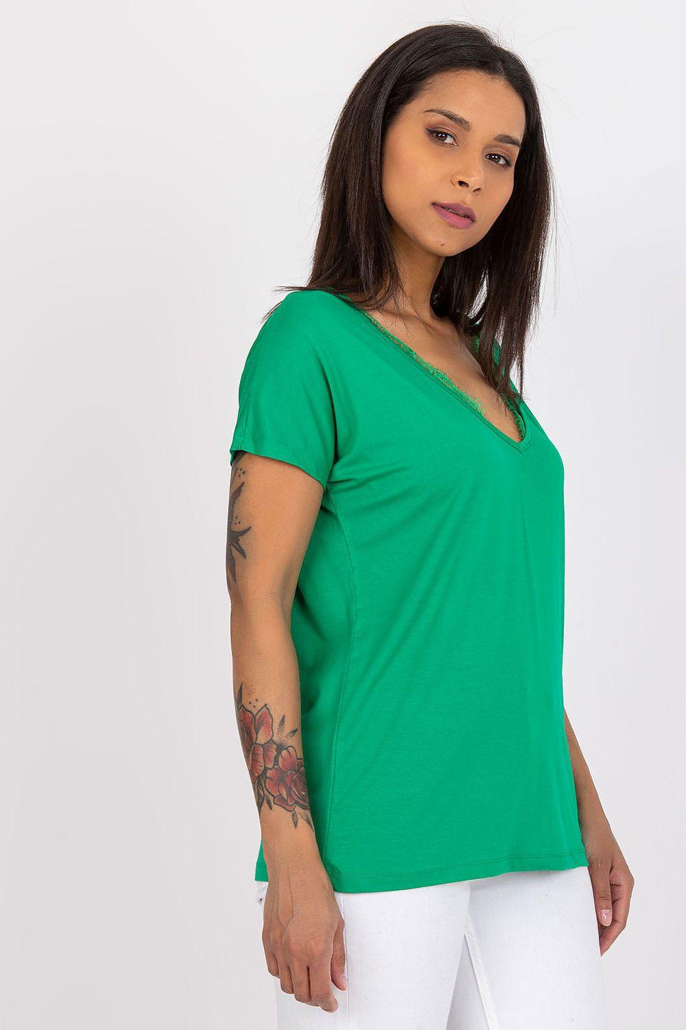 Green V-neck T-shirt with lace-trimmed neckline and short sleeves