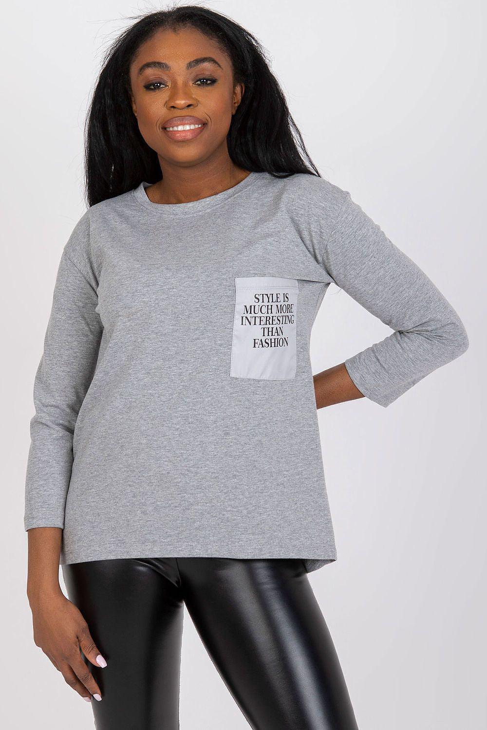 Grey long-sleeve blouse with printed patch pocket at chest
