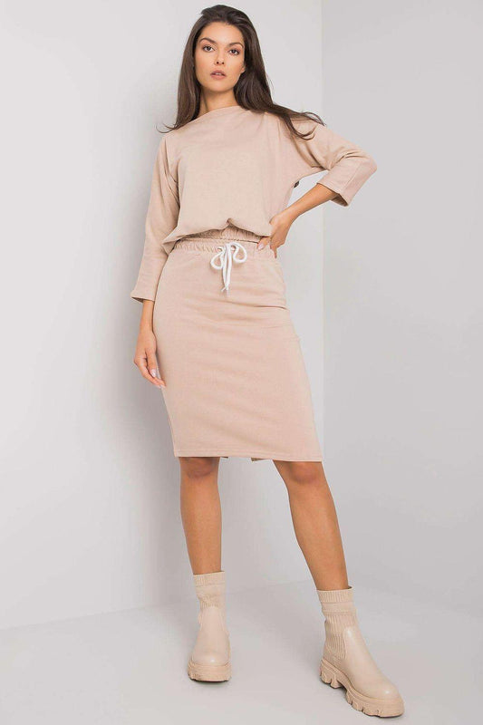 Beige sweatshirt and midi skirt set, relaxed fit with drawstring tie