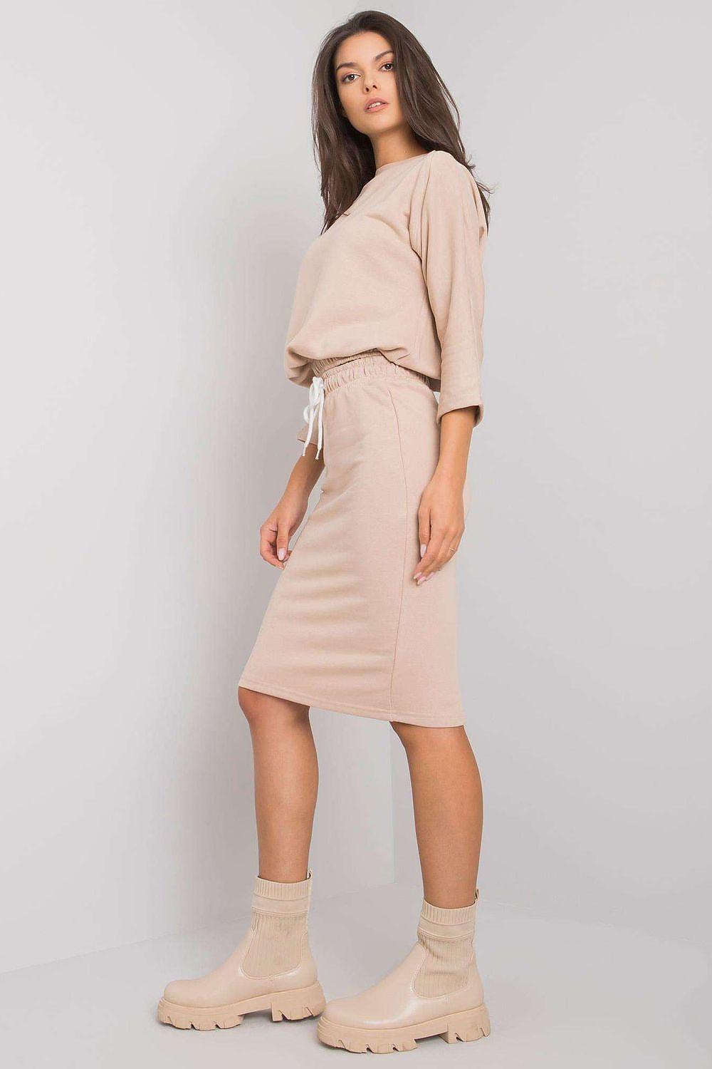 Ex Moda beige skirt set side view: long-sleeve top and drawstring midi skirt