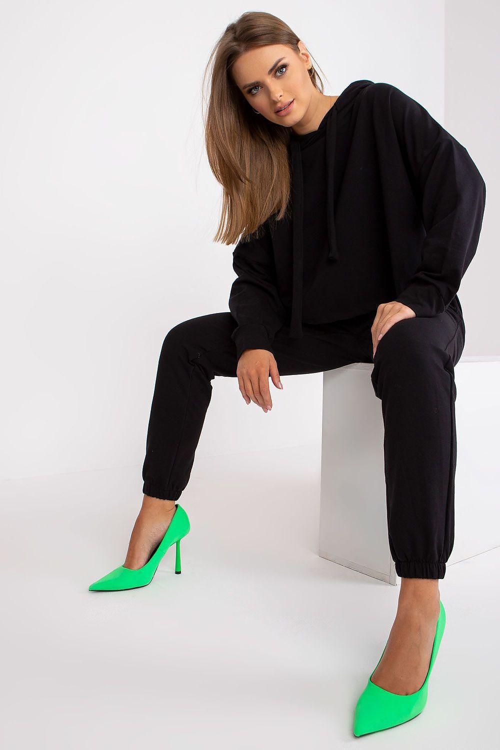 Black cotton stretch lounge set with hooded sweatshirt and jogger pants