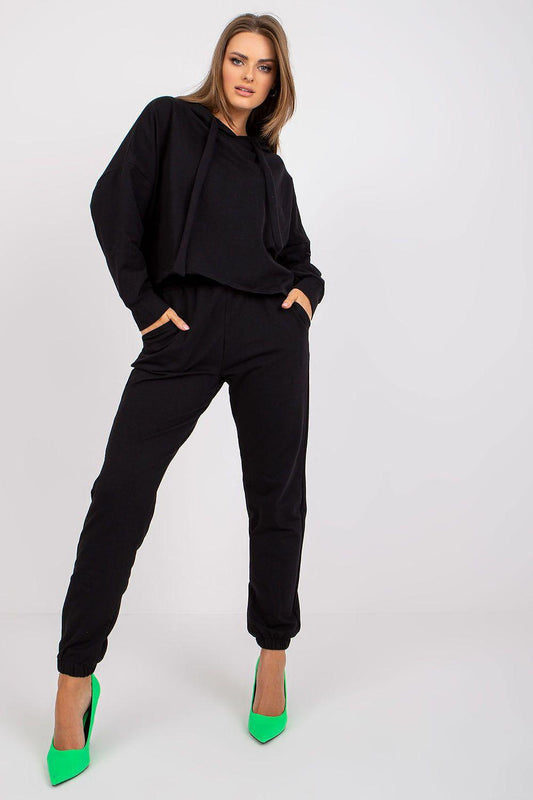 Black hooded sweatshirt and jogger pants set with relaxed fit and cuffed hems