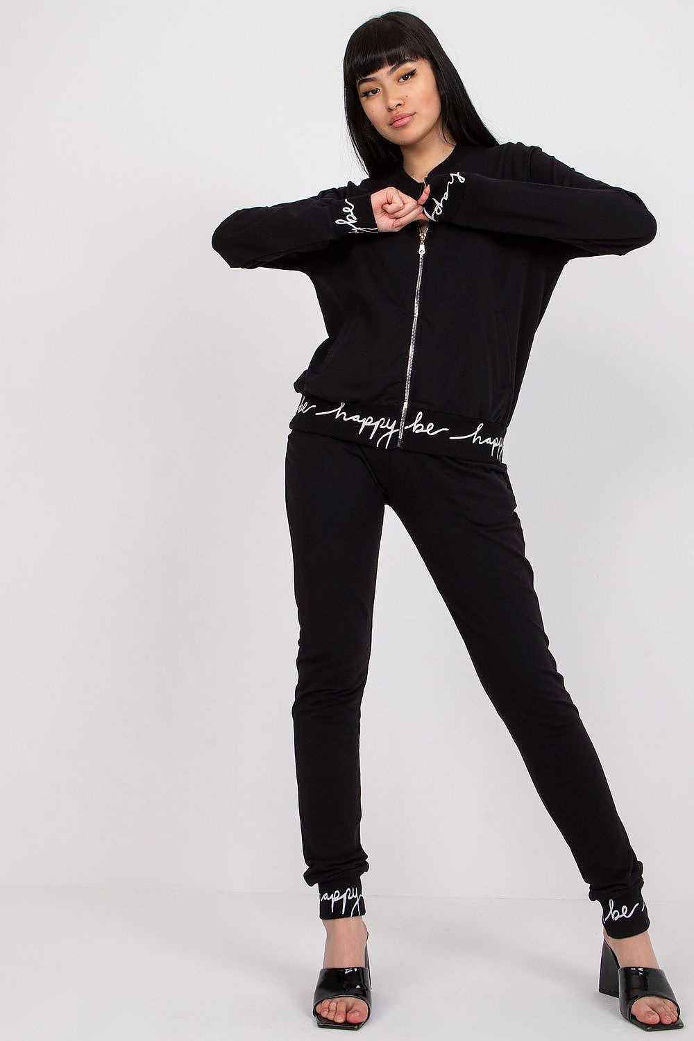 Black zip-front lounge set with hoodie and jogger pants, long sleeves and cuffed legs