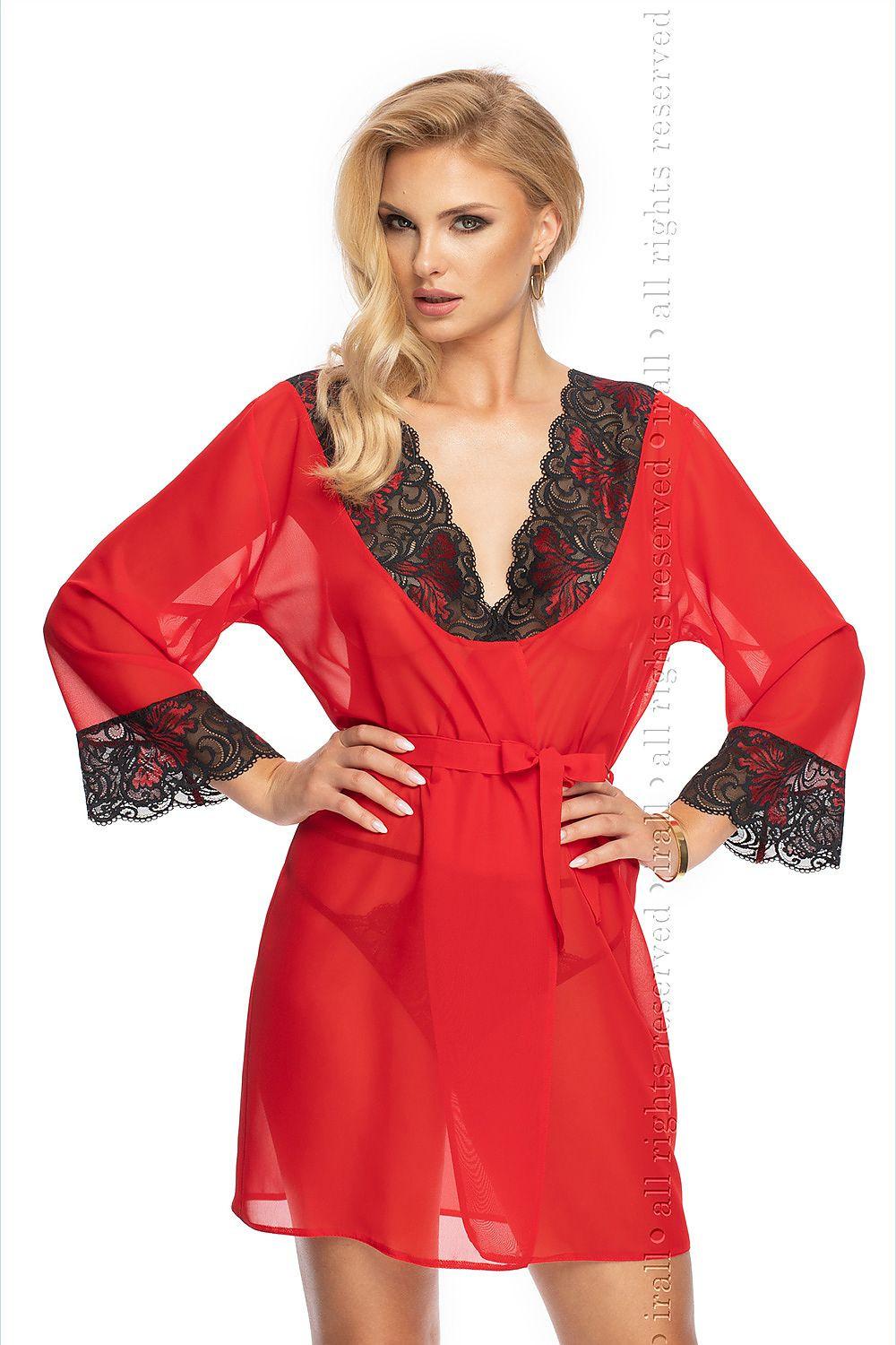 Red chiffon dressing gown with black lace trim, long sleeves, belted waist