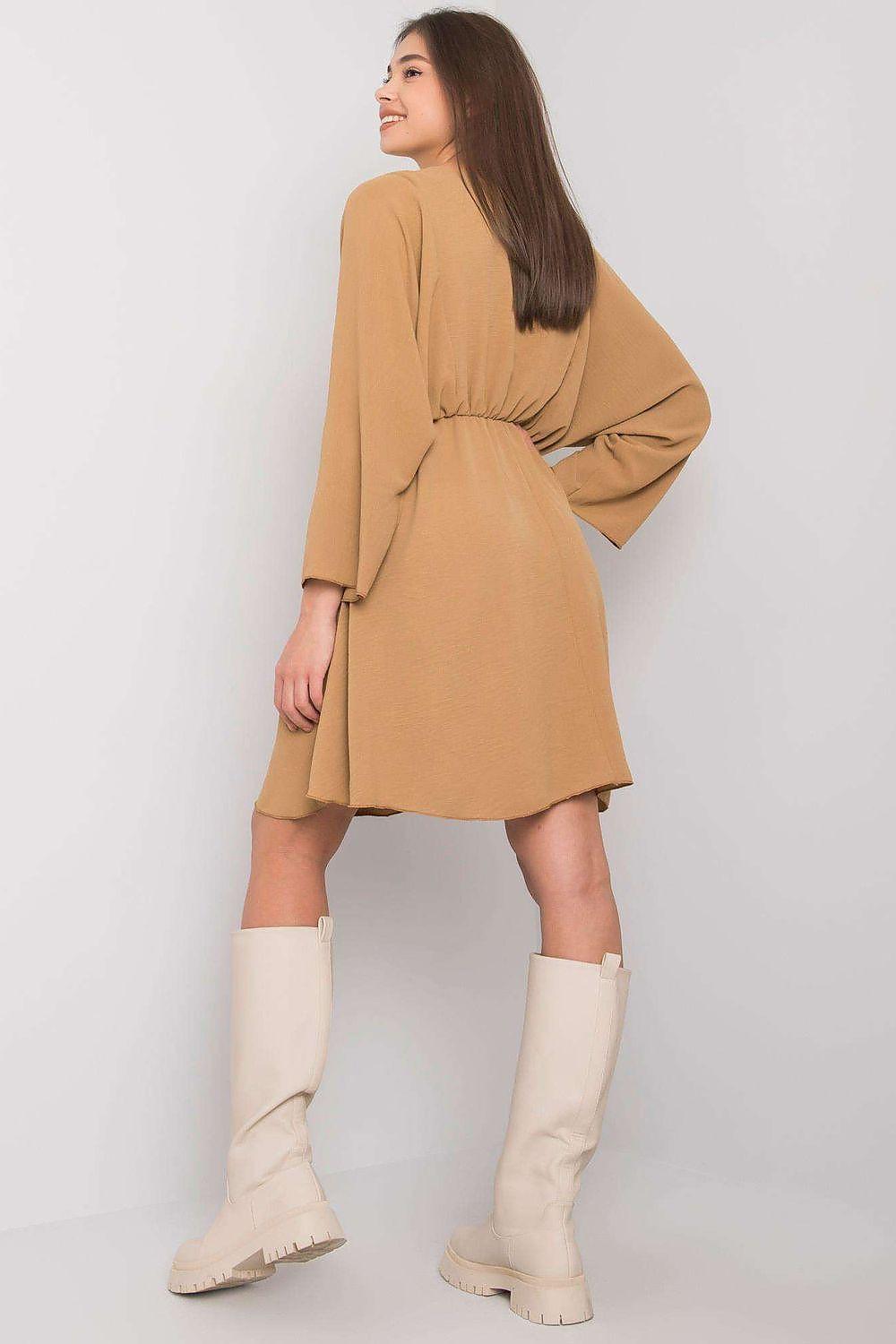 Beige day dress with gathered waist tie, long sleeves, flared skirt, above-knee hem