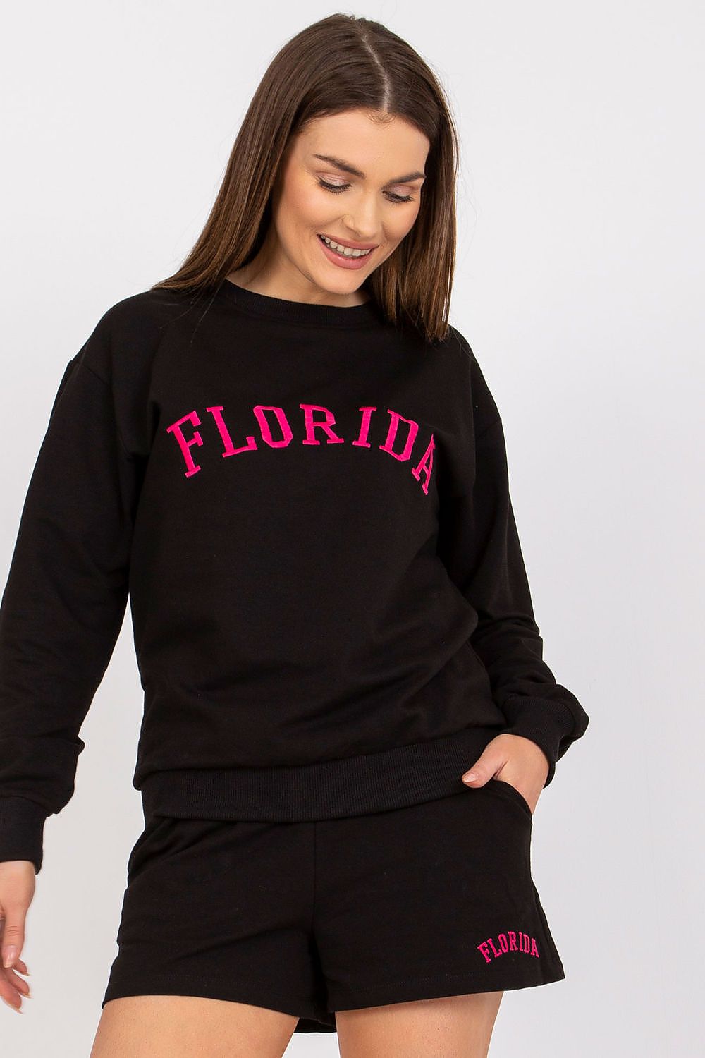 Black sweatshirt and shorts set with FLORIDA logo in pink on front