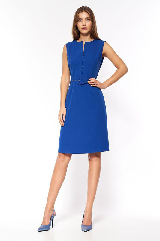 Blue sleeveless belted day dress with button-front placket, fitted waist, knee length