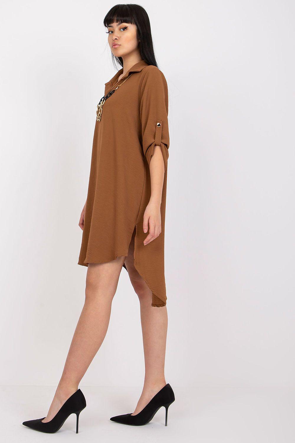 Brown daydress side view with V-neck and knotted cuff sleeves, chain trim