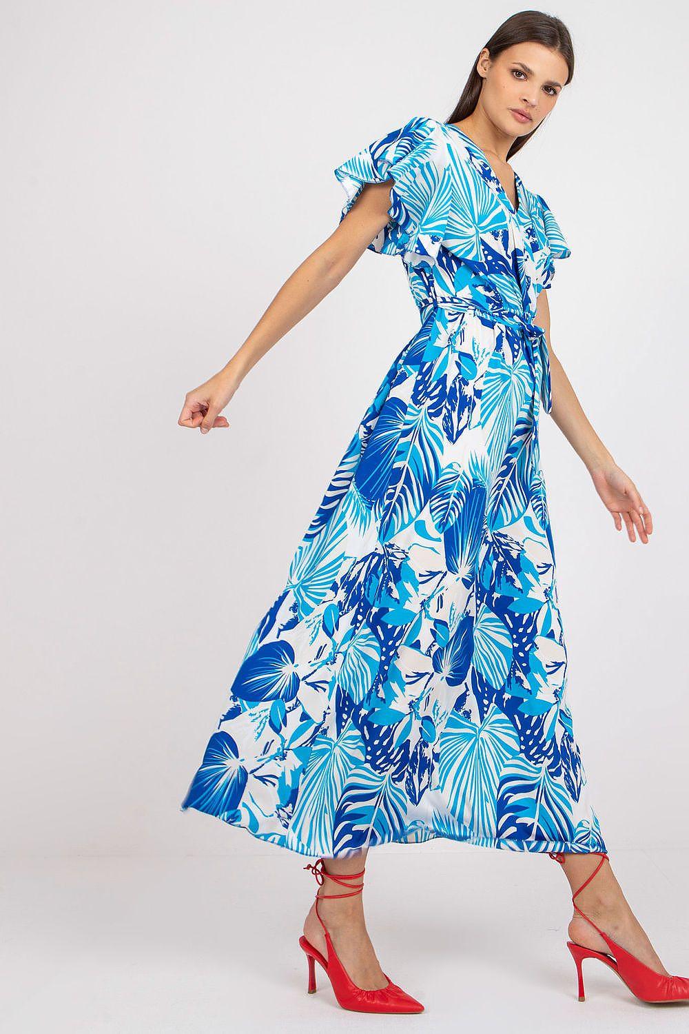 Blue leaf-print daydress with ruffle shoulders, cinched waist, and flared midi skirt