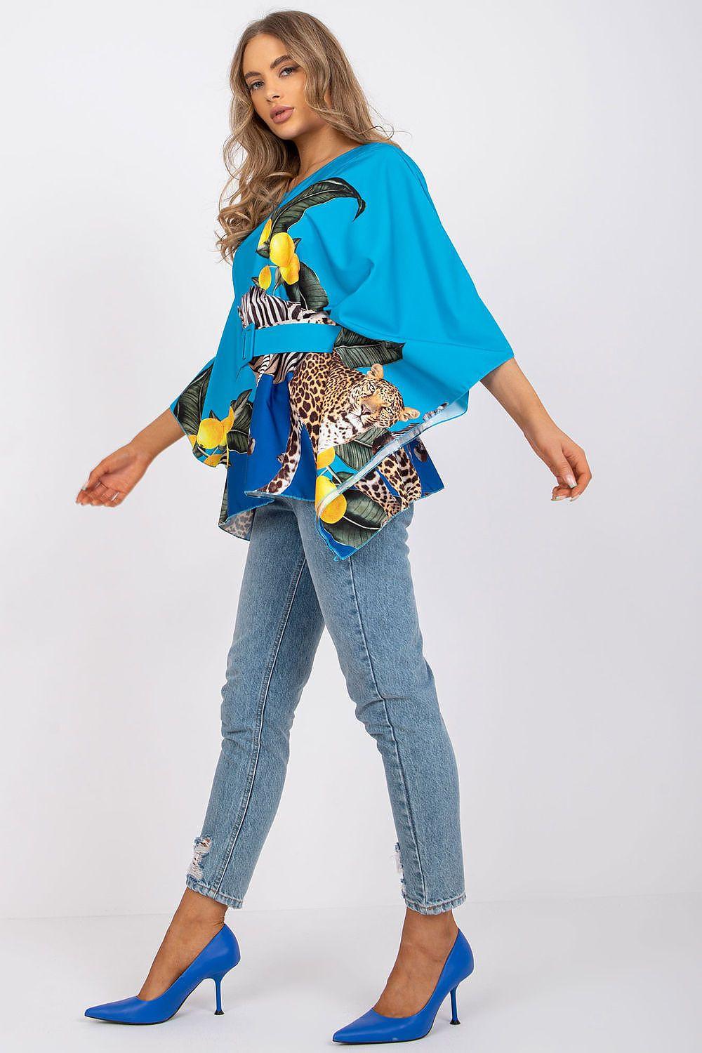 Turquoise blouse with batwing sleeves, zebra and leopard print