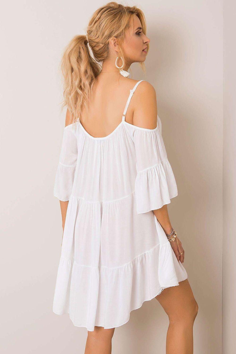 White tiered off-shoulder daydress with spaghetti straps and ruffle sleeves