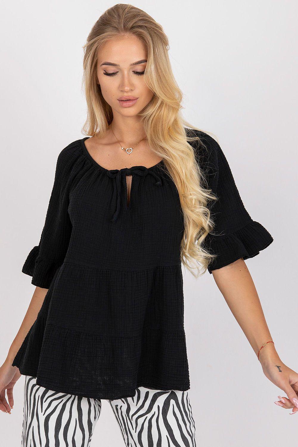 Black ruffled cotton tie-neck blouse with gathered drawstring neckline and puff sleeves
