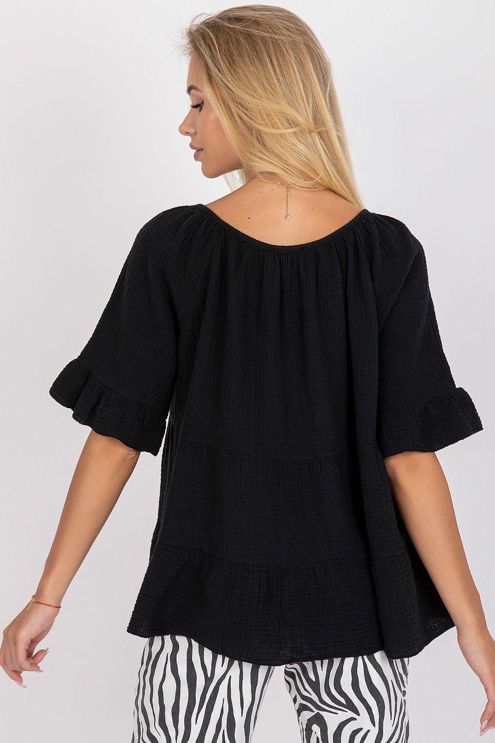 Black blouse back with round gathered yoke, tiered hem, short ruffle sleeves