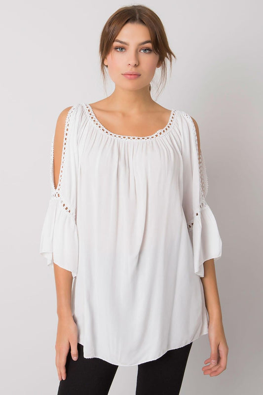White cold-shoulder blouse with lace trim and three-quarter sleeves