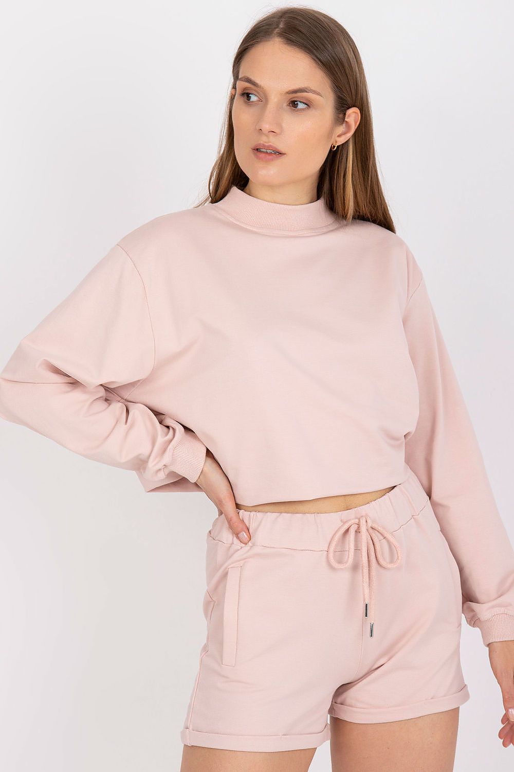 Pink cotton sweatshorts with elastic waist and drawstring, side pockets